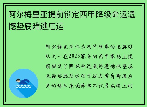 阿尔梅里亚提前锁定西甲降级命运遗憾垫底难逃厄运 阿尔梅里亚提前锁定西甲降级命运遗憾垫底难逃厄运