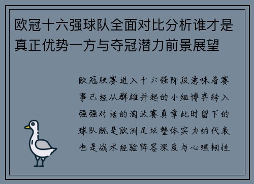 欧冠十六强球队全面对比分析谁才是真正优势一方与夺冠潜力前景展望