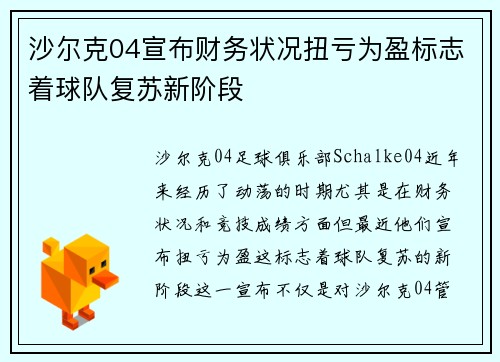 沙尔克04宣布财务状况扭亏为盈标志着球队复苏新阶段